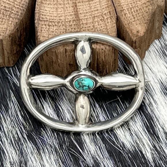 1980s Native American NAVAJO Solid Sterling Silver & Turquoise Oval Pin 4 Parts - Picture 1 of 2